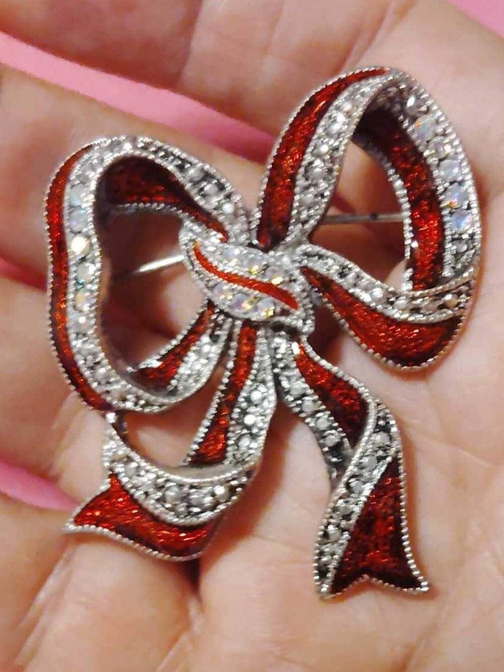 Big Chunky Vintage Red Enamel and Sparkling Rhinestones Bow Statement Brooch